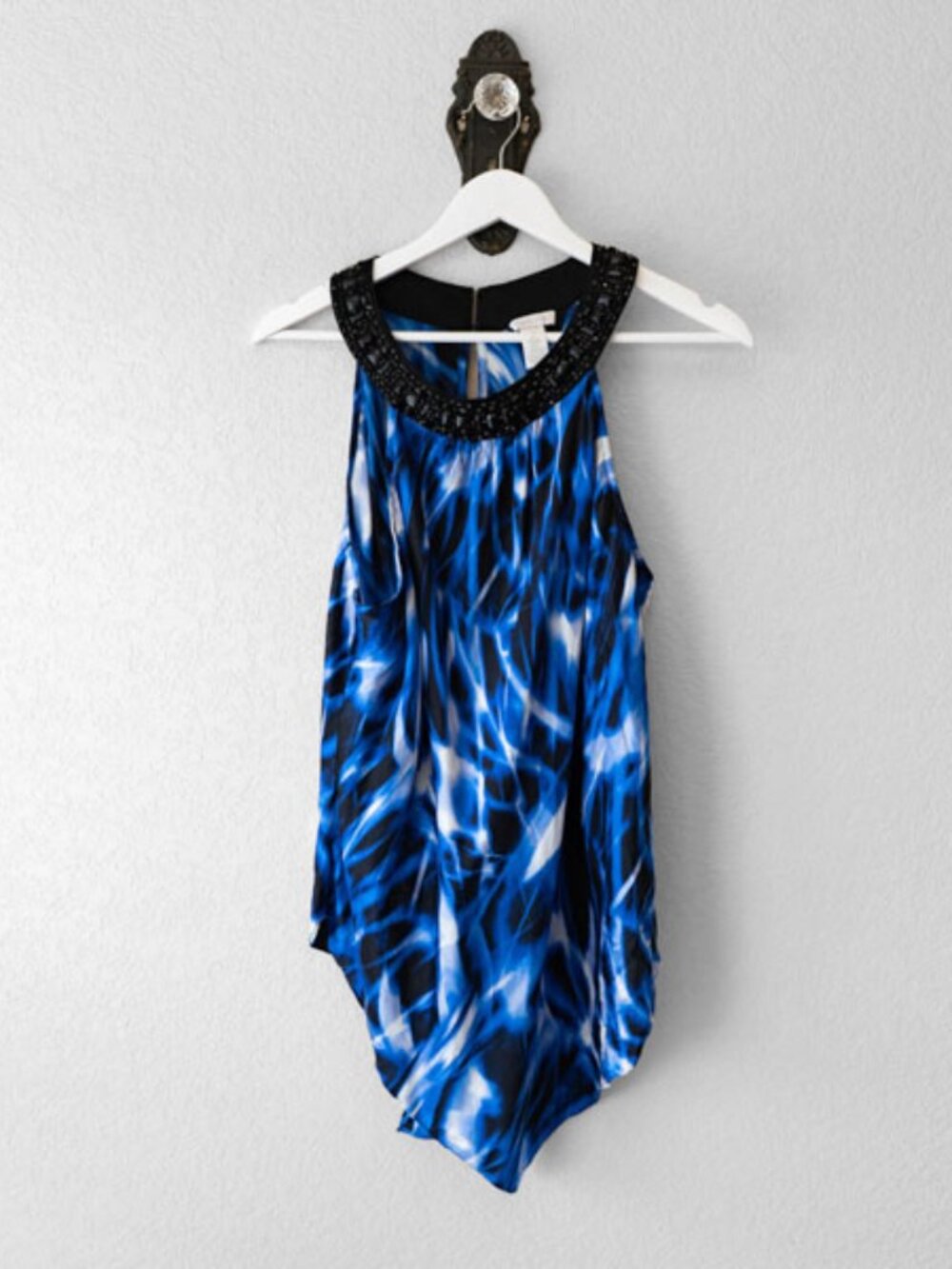 Cache Silk Blend Beaded Top Blue Black White Asymmetrical Hem XL Evening